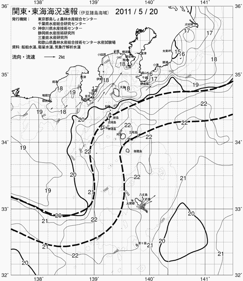 海況図, 関東・東海海況速報/伊豆諸島海域 検索結果, (黒潮, 水温分布, 冷水域, 暖水波及 等を図示)
