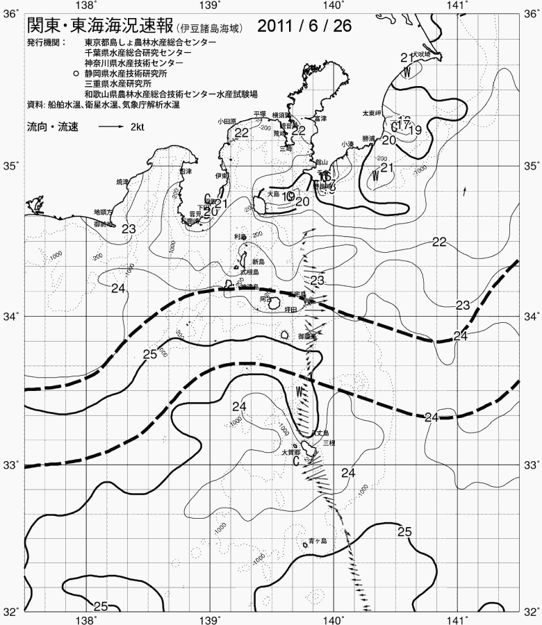 海況図, 関東・東海海況速報/伊豆諸島海域 検索結果, (黒潮, 水温分布, 冷水域, 暖水波及 等を図示)