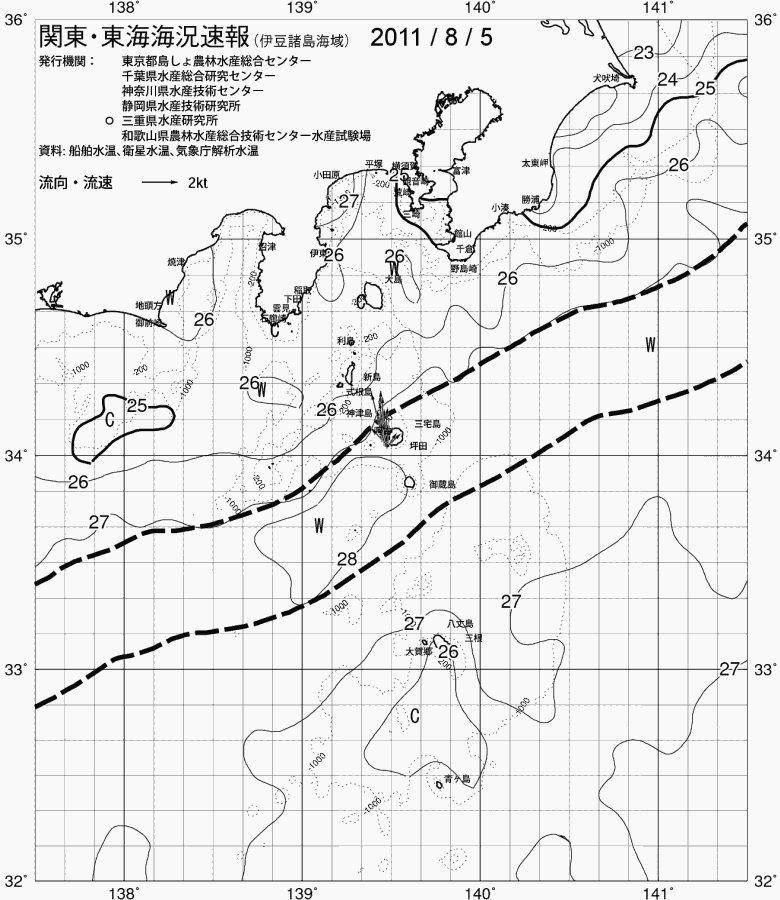 海況図, 関東・東海海況速報/伊豆諸島海域 検索結果, (黒潮, 水温分布, 冷水域, 暖水波及 等を図示)