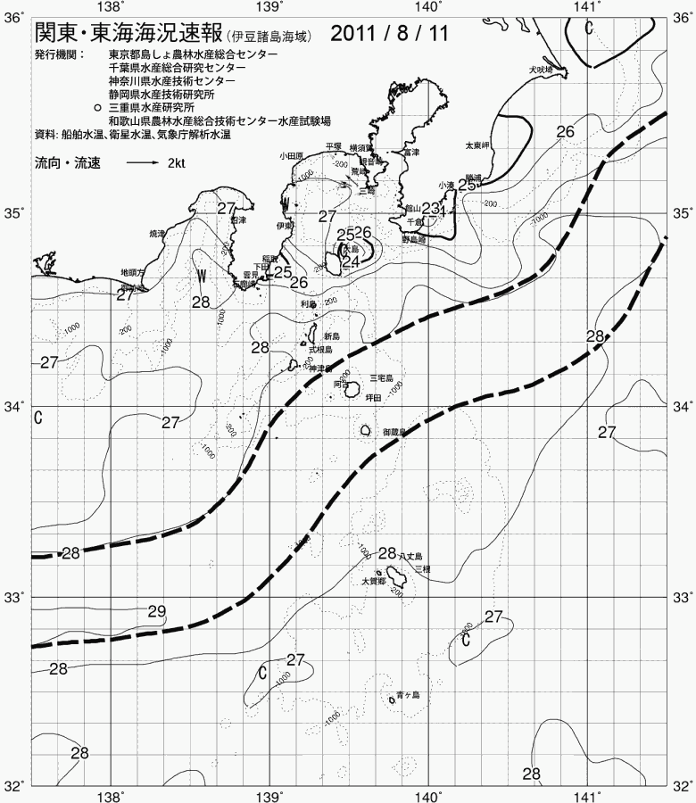 海況図, 関東・東海海況速報/伊豆諸島海域 検索結果, (黒潮, 水温分布, 冷水域, 暖水波及 等を図示)