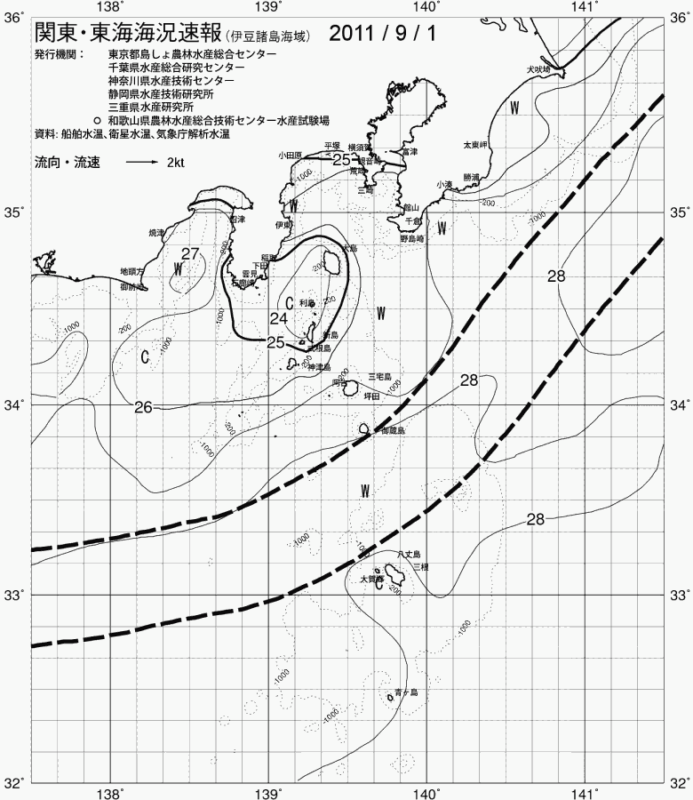 海況図, 関東・東海海況速報/伊豆諸島海域 検索結果, (黒潮, 水温分布, 冷水域, 暖水波及 等を図示)