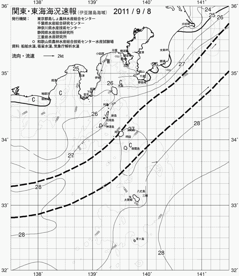 海況図, 関東・東海海況速報/伊豆諸島海域 検索結果, (黒潮, 水温分布, 冷水域, 暖水波及 等を図示)