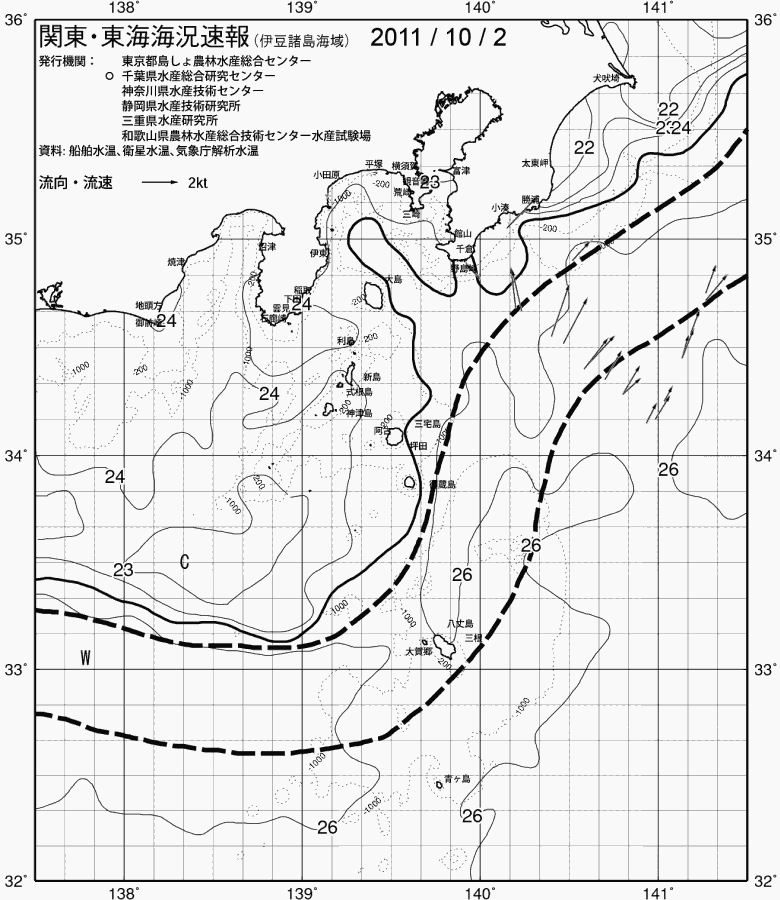 海況図, 関東・東海海況速報/伊豆諸島海域 検索結果, (黒潮, 水温分布, 冷水域, 暖水波及 等を図示)