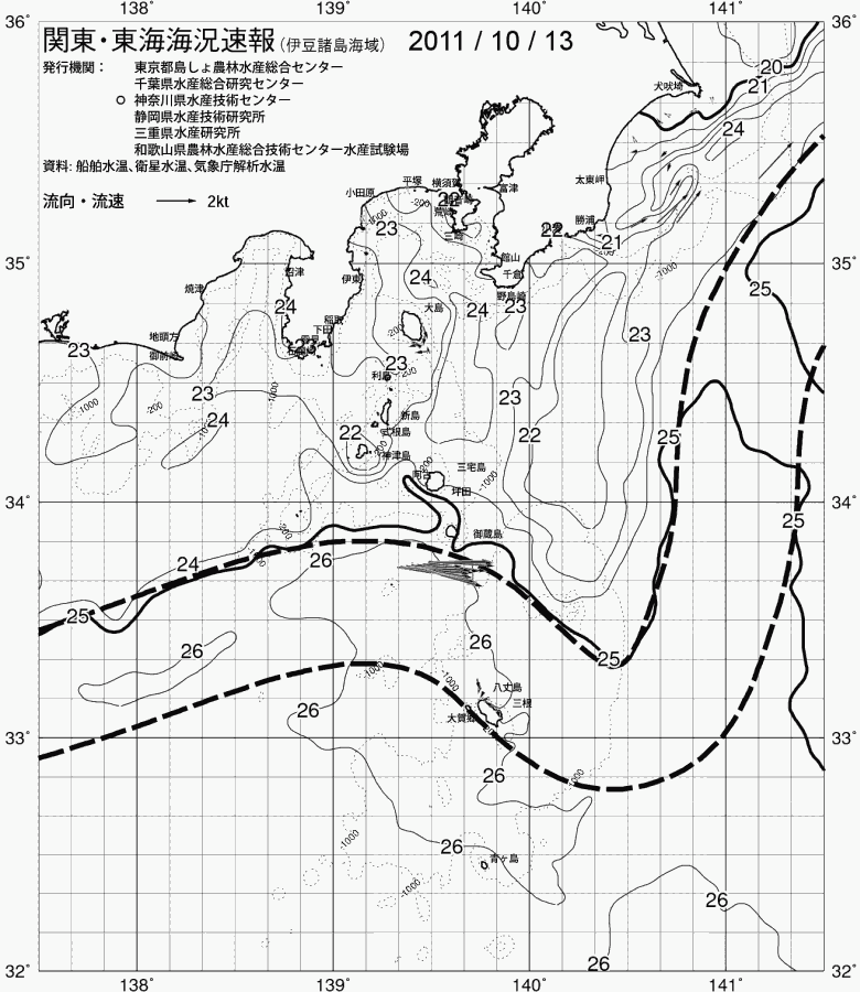 海況図, 関東・東海海況速報/伊豆諸島海域 検索結果, (黒潮, 水温分布, 冷水域, 暖水波及 等を図示)
