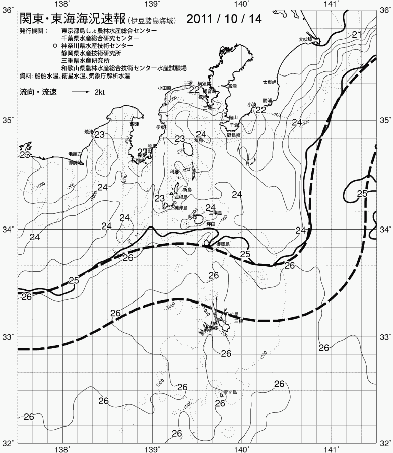 海況図, 関東・東海海況速報/伊豆諸島海域 検索結果, (黒潮, 水温分布, 冷水域, 暖水波及 等を図示)