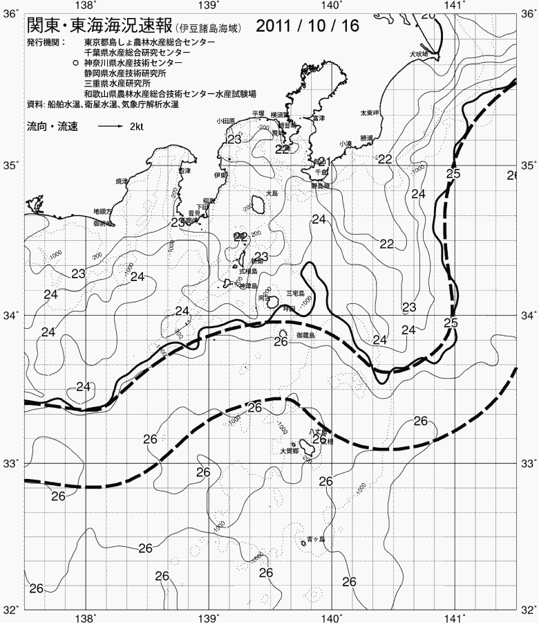海況図, 関東・東海海況速報/伊豆諸島海域 検索結果, (黒潮, 水温分布, 冷水域, 暖水波及 等を図示)
