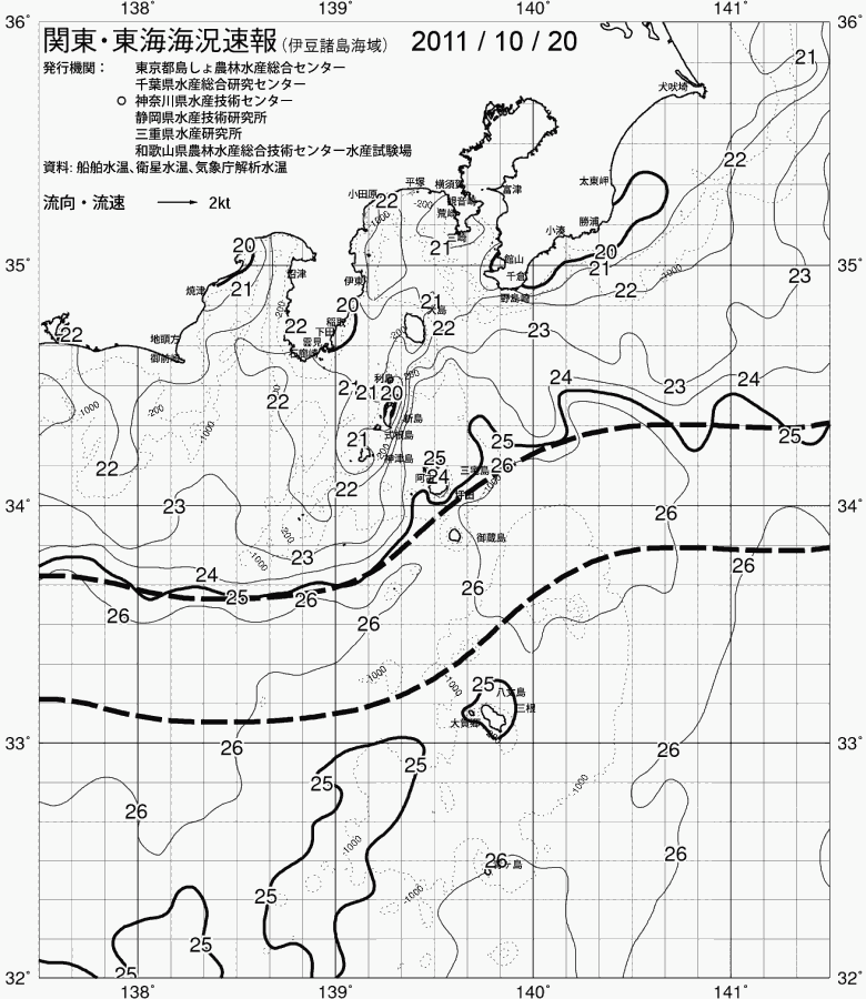 海況図, 関東・東海海況速報/伊豆諸島海域 検索結果, (黒潮, 水温分布, 冷水域, 暖水波及 等を図示)