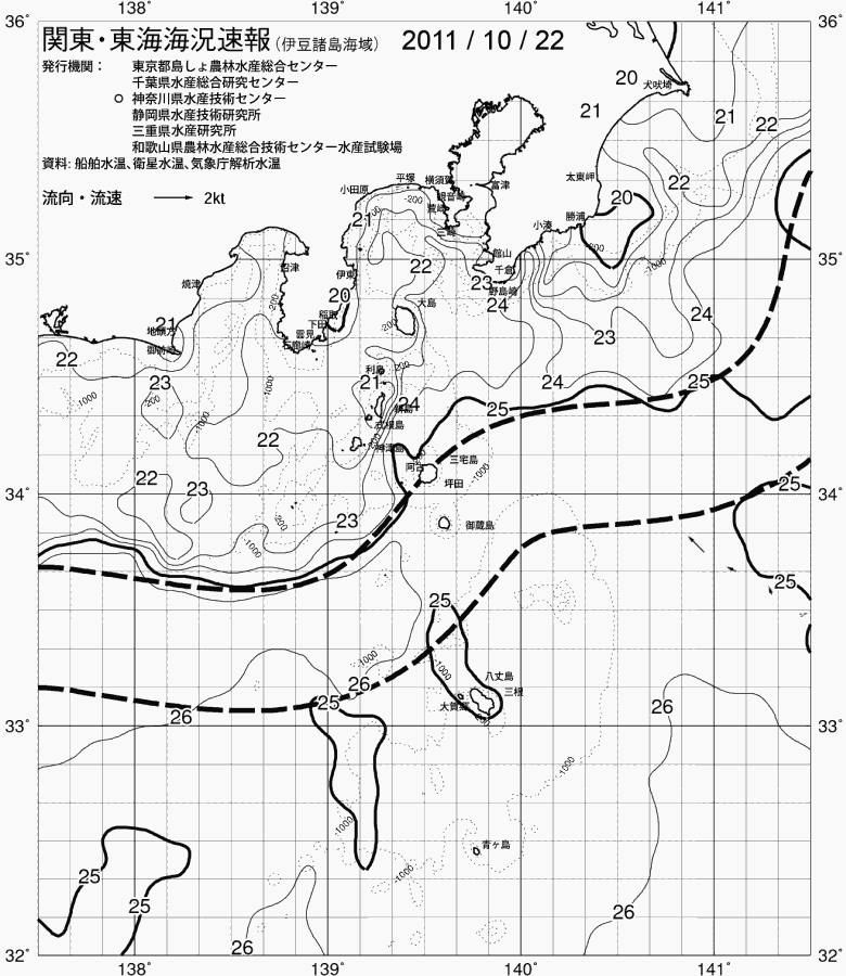海況図, 関東・東海海況速報/伊豆諸島海域 検索結果, (黒潮, 水温分布, 冷水域, 暖水波及 等を図示)