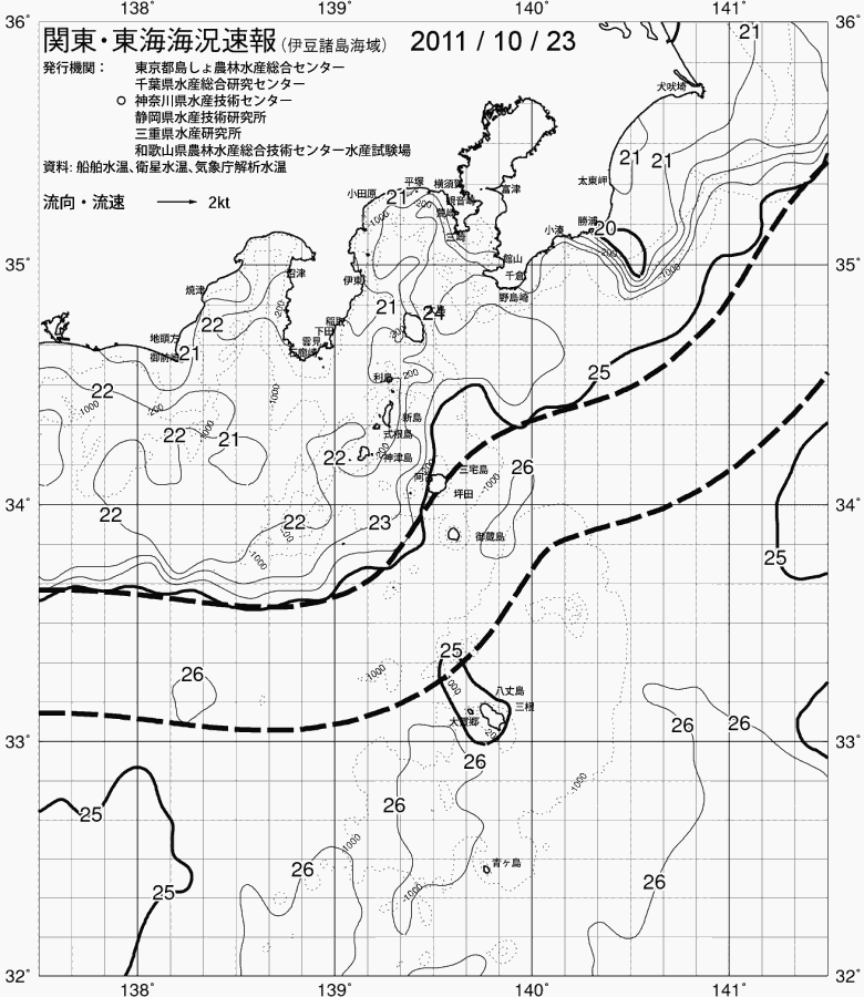 海況図, 関東・東海海況速報/伊豆諸島海域 検索結果, (黒潮, 水温分布, 冷水域, 暖水波及 等を図示)