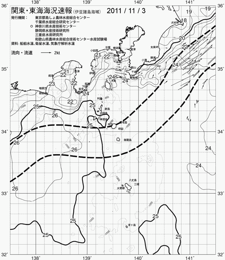 海況図, 関東・東海海況速報/伊豆諸島海域 検索結果, (黒潮, 水温分布, 冷水域, 暖水波及 等を図示)