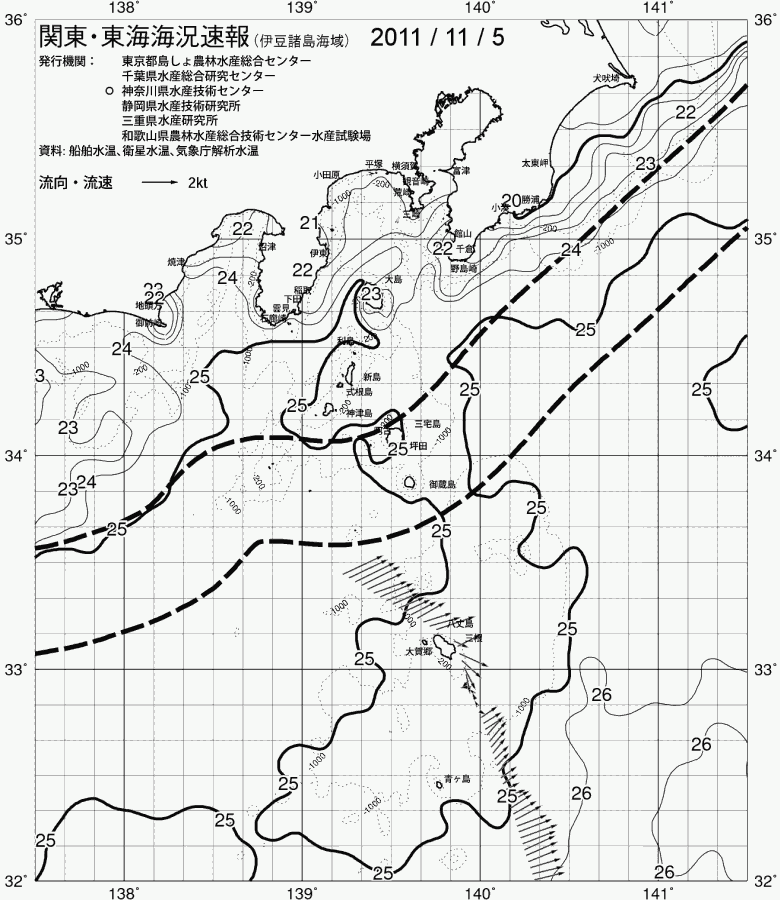 海況図, 関東・東海海況速報/伊豆諸島海域 検索結果, (黒潮, 水温分布, 冷水域, 暖水波及 等を図示)