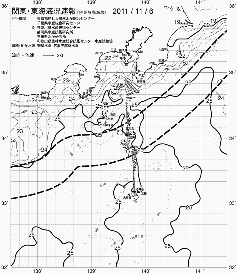 海況図, 関東・東海海況速報/伊豆諸島海域 検索結果, (黒潮, 水温分布, 冷水域, 暖水波及 等を図示)