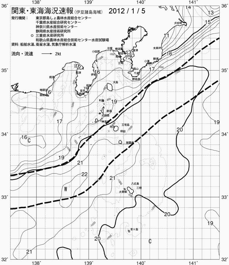 海況図, 関東・東海海況速報/伊豆諸島海域 検索結果, (黒潮, 水温分布, 冷水域, 暖水波及 等を図示)