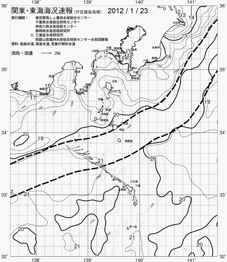 海況図, 関東・東海海況速報/伊豆諸島海域 検索結果, (黒潮, 水温分布, 冷水域, 暖水波及 等を図示)
