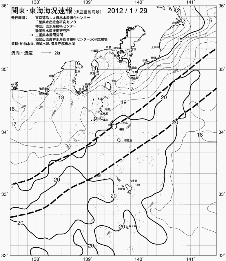 海況図, 関東・東海海況速報/伊豆諸島海域 検索結果, (黒潮, 水温分布, 冷水域, 暖水波及 等を図示)