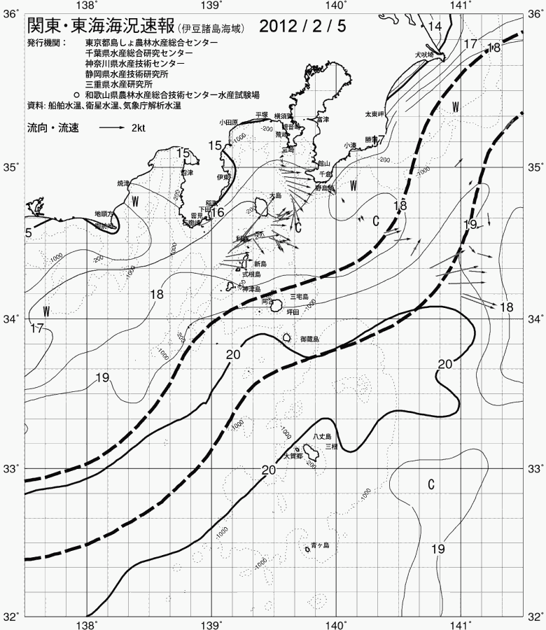 海況図, 関東・東海海況速報/伊豆諸島海域 検索結果, (黒潮, 水温分布, 冷水域, 暖水波及 等を図示)