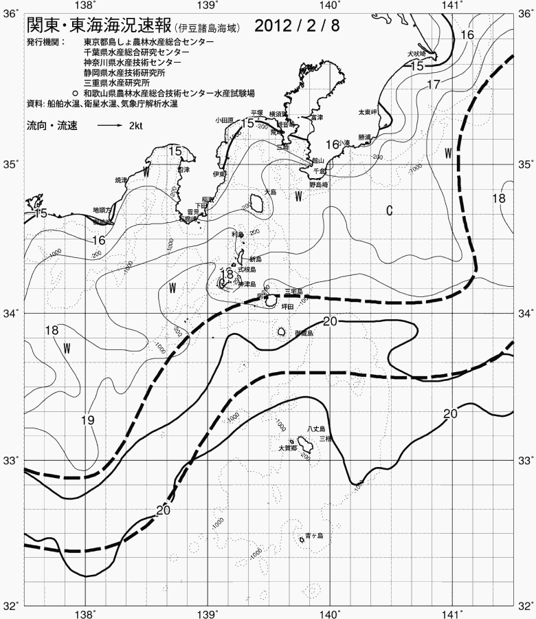 海況図, 関東・東海海況速報/伊豆諸島海域 検索結果, (黒潮, 水温分布, 冷水域, 暖水波及 等を図示)