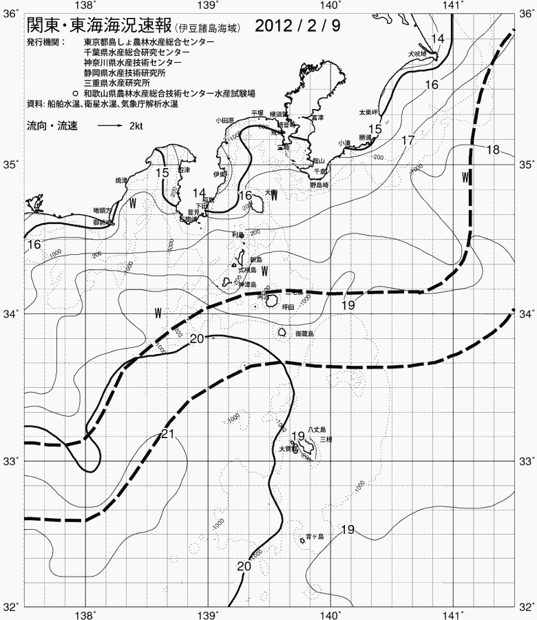 海況図, 関東・東海海況速報/伊豆諸島海域 検索結果, (黒潮, 水温分布, 冷水域, 暖水波及 等を図示)