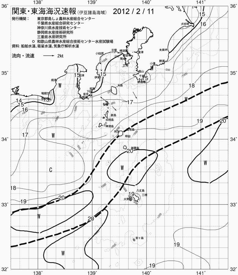 海況図, 関東・東海海況速報/伊豆諸島海域 検索結果, (黒潮, 水温分布, 冷水域, 暖水波及 等を図示)