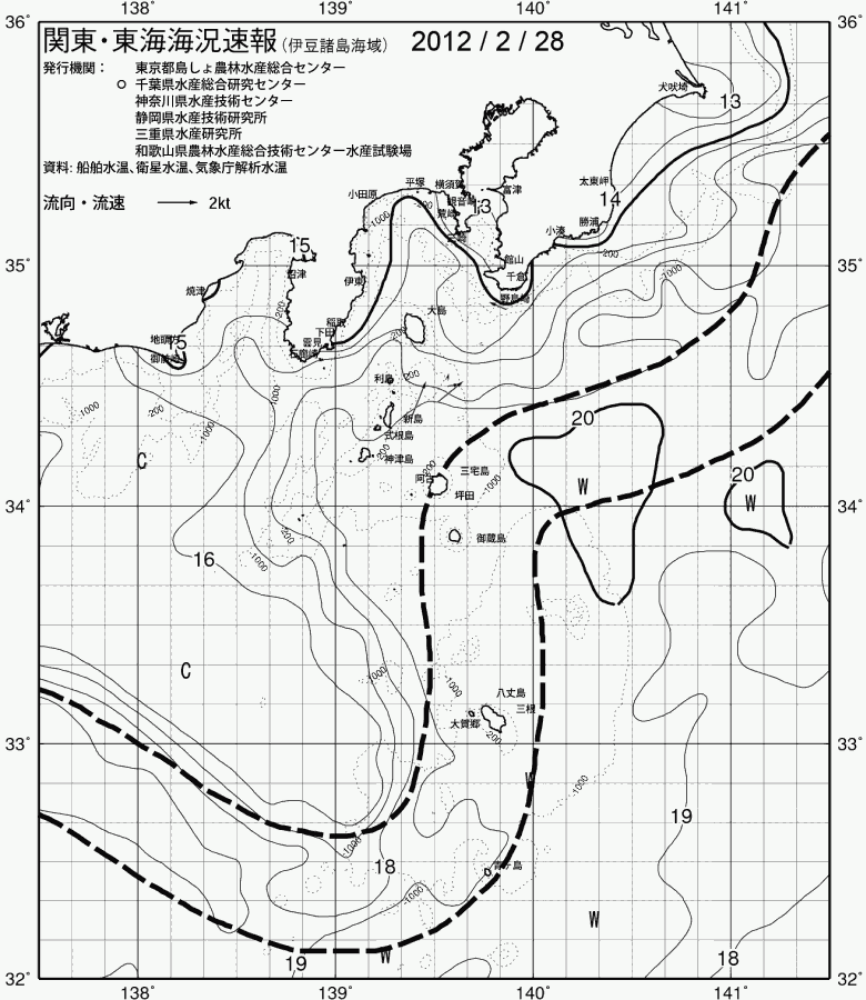 海況図, 関東・東海海況速報/伊豆諸島海域 検索結果, (黒潮, 水温分布, 冷水域, 暖水波及 等を図示)