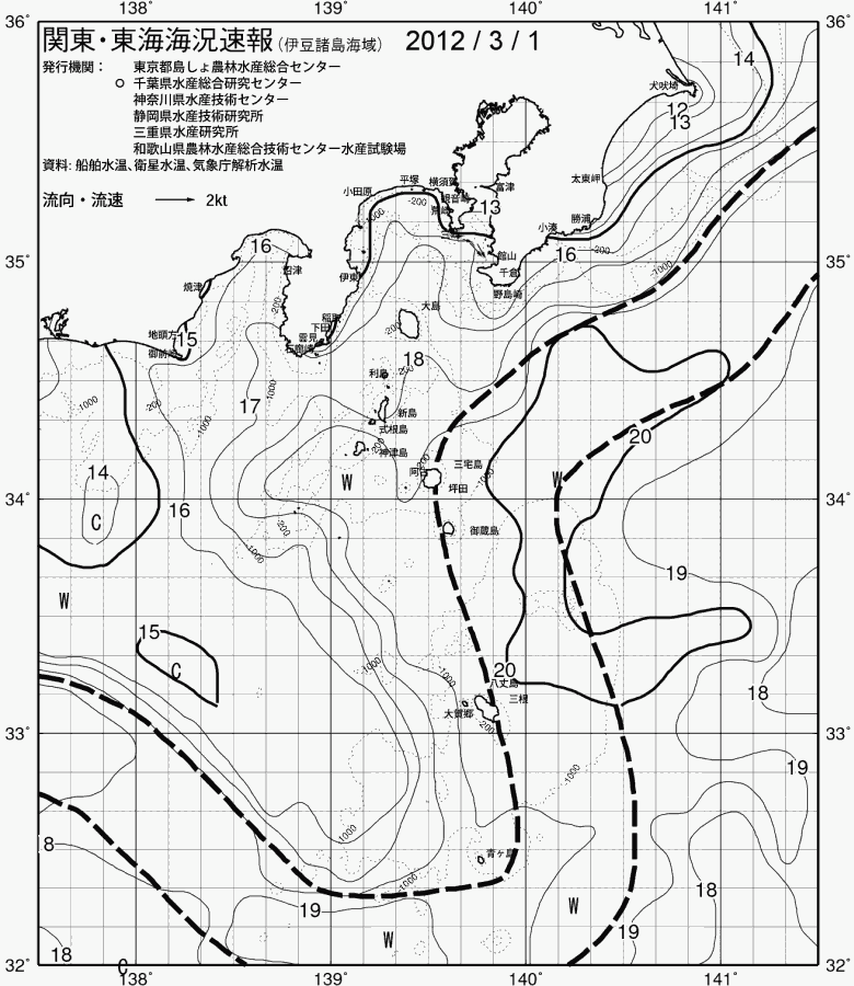 海況図, 関東・東海海況速報/伊豆諸島海域 検索結果, (黒潮, 水温分布, 冷水域, 暖水波及 等を図示)