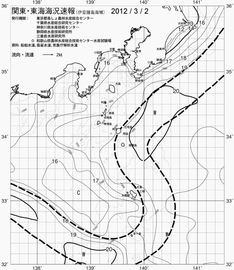海況図, 関東・東海海況速報/伊豆諸島海域 検索結果, (黒潮, 水温分布, 冷水域, 暖水波及 等を図示)