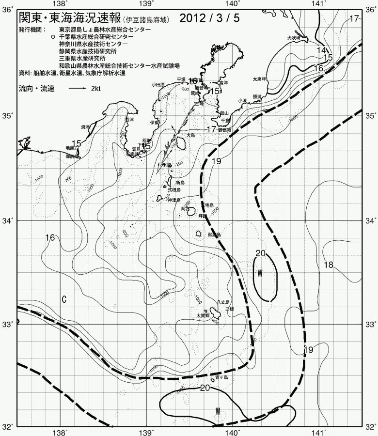 海況図, 関東・東海海況速報/伊豆諸島海域 検索結果, (黒潮, 水温分布, 冷水域, 暖水波及 等を図示)