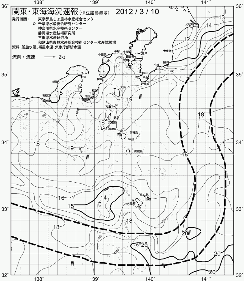 海況図, 関東・東海海況速報/伊豆諸島海域 検索結果, (黒潮, 水温分布, 冷水域, 暖水波及 等を図示)