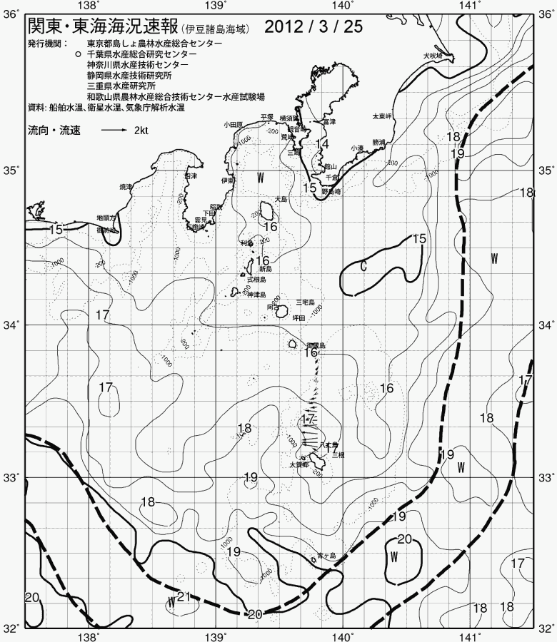 海況図, 関東・東海海況速報/伊豆諸島海域 検索結果, (黒潮, 水温分布, 冷水域, 暖水波及 等を図示)