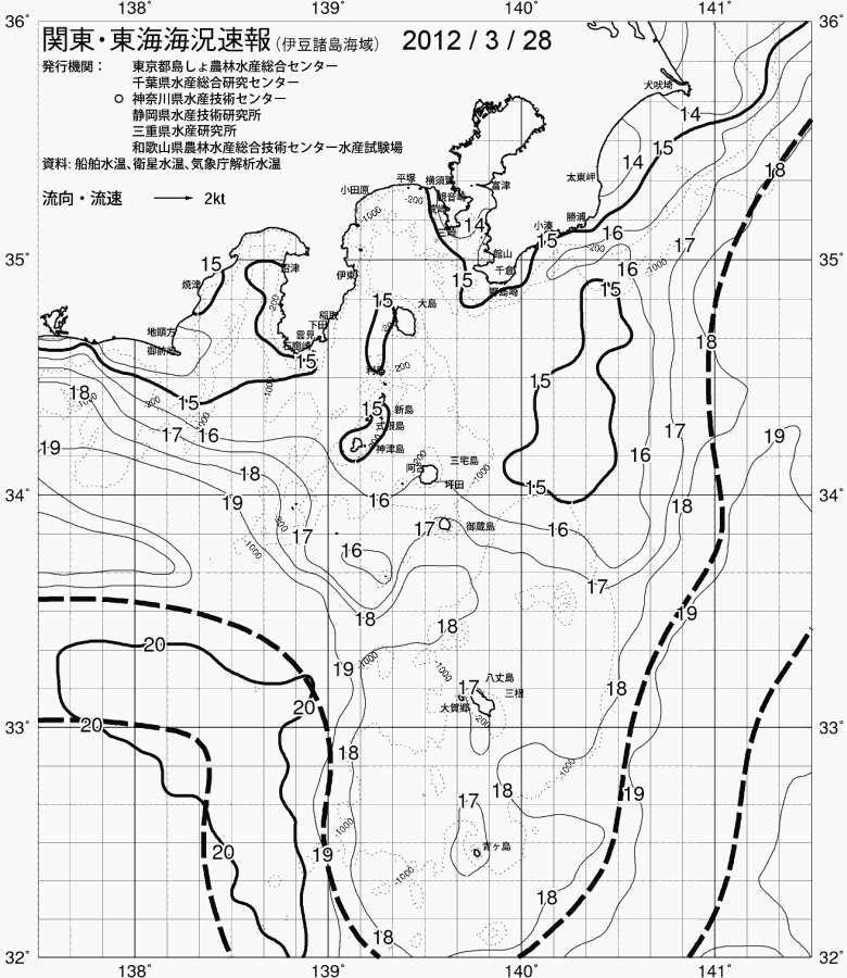 海況図, 関東・東海海況速報/伊豆諸島海域 検索結果, (黒潮, 水温分布, 冷水域, 暖水波及 等を図示)