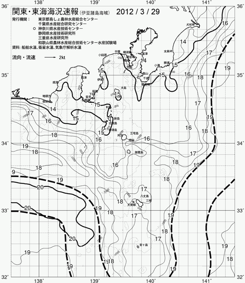 海況図, 関東・東海海況速報/伊豆諸島海域 検索結果, (黒潮, 水温分布, 冷水域, 暖水波及 等を図示)