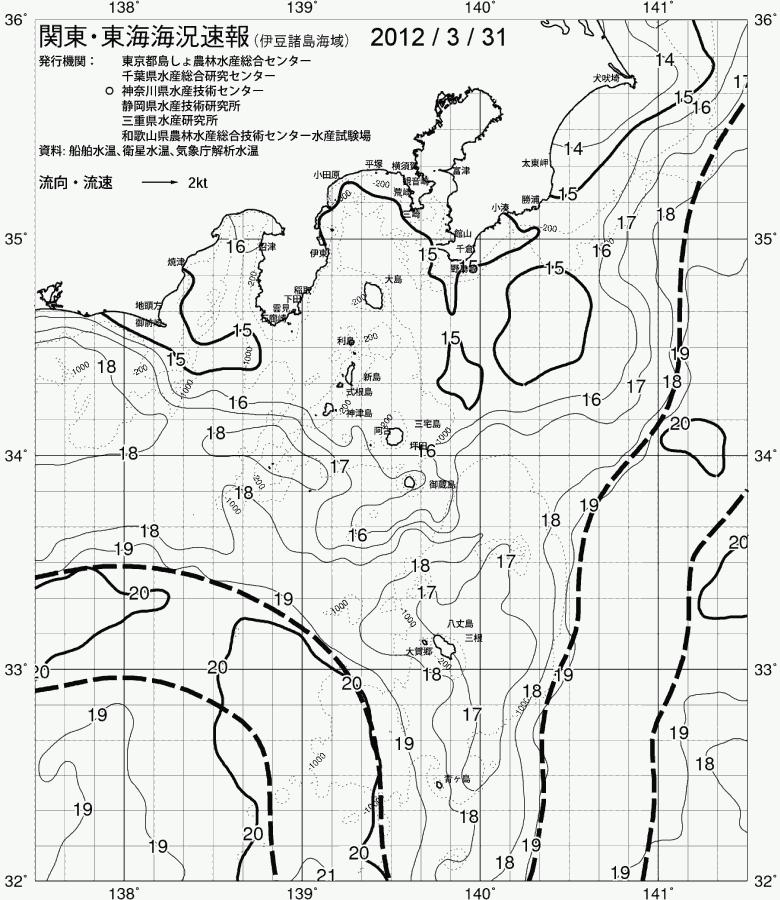 海況図, 関東・東海海況速報/伊豆諸島海域 検索結果, (黒潮, 水温分布, 冷水域, 暖水波及 等を図示)