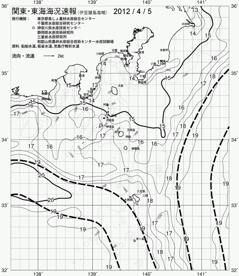 海況図, 関東・東海海況速報/伊豆諸島海域 検索結果, (黒潮, 水温分布, 冷水域, 暖水波及 等を図示)
