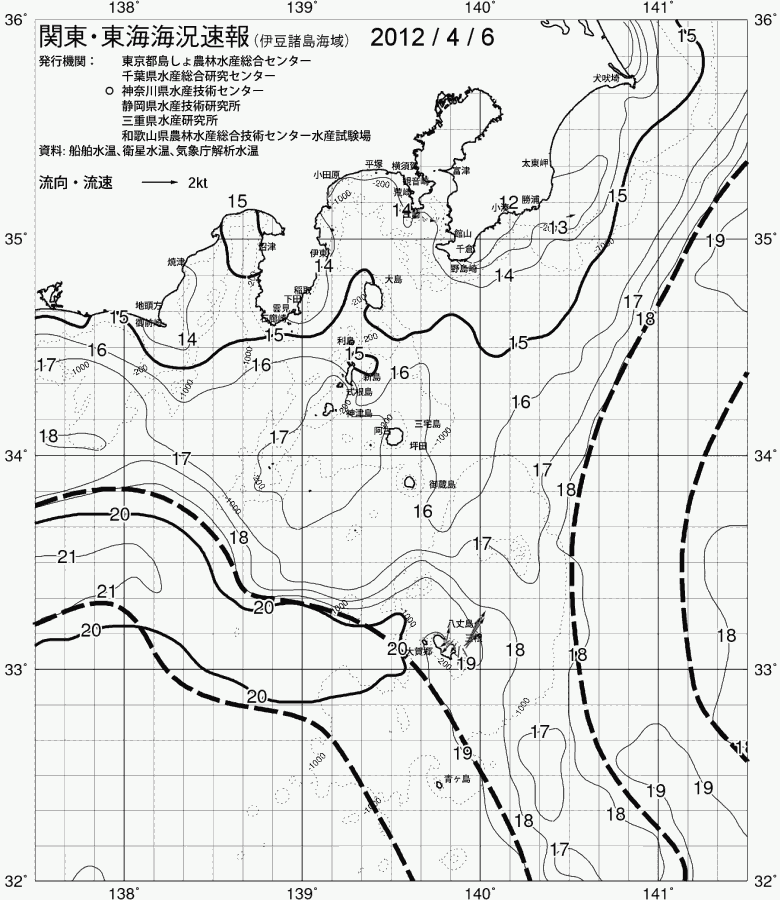 海況図, 関東・東海海況速報/伊豆諸島海域 検索結果, (黒潮, 水温分布, 冷水域, 暖水波及 等を図示)