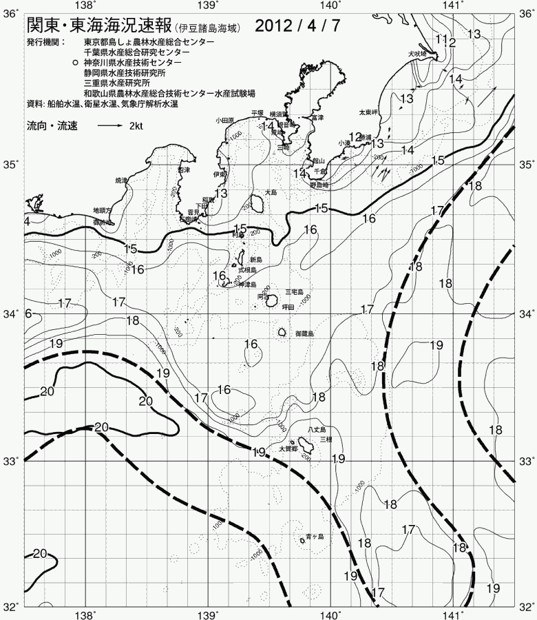 海況図, 関東・東海海況速報/伊豆諸島海域 検索結果, (黒潮, 水温分布, 冷水域, 暖水波及 等を図示)
