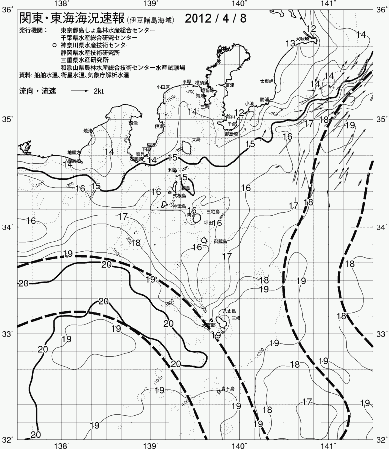 海況図, 関東・東海海況速報/伊豆諸島海域 検索結果, (黒潮, 水温分布, 冷水域, 暖水波及 等を図示)