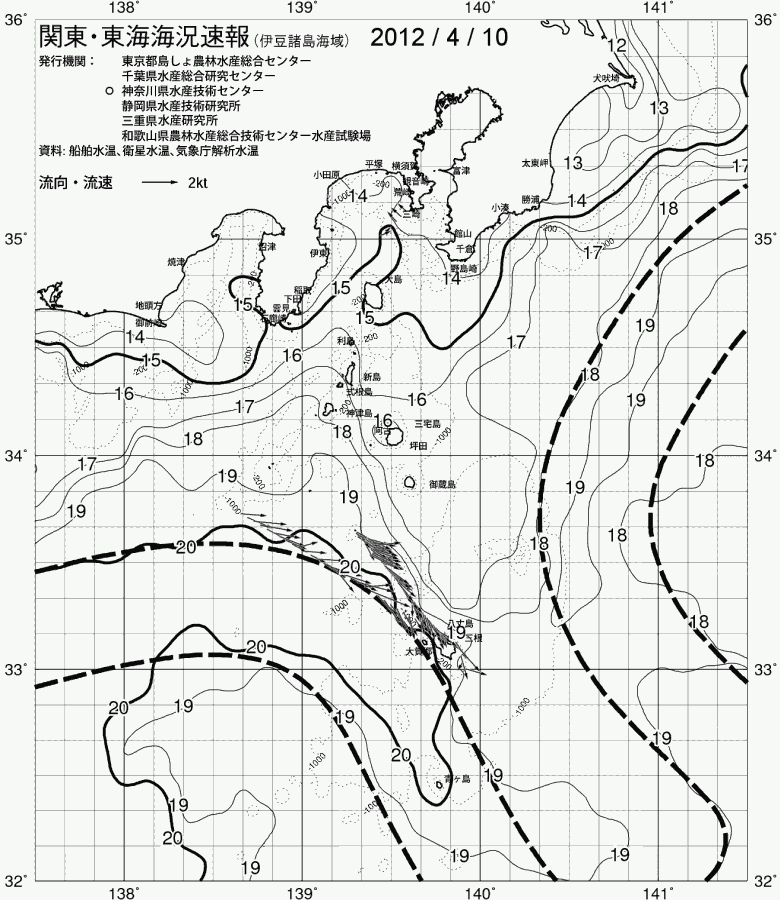 海況図, 関東・東海海況速報/伊豆諸島海域 検索結果, (黒潮, 水温分布, 冷水域, 暖水波及 等を図示)