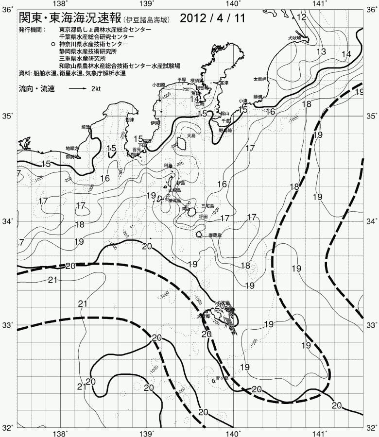 海況図, 関東・東海海況速報/伊豆諸島海域 検索結果, (黒潮, 水温分布, 冷水域, 暖水波及 等を図示)
