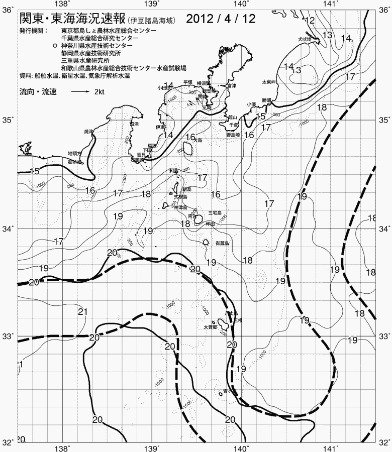 海況図, 関東・東海海況速報/伊豆諸島海域 検索結果, (黒潮, 水温分布, 冷水域, 暖水波及 等を図示)
