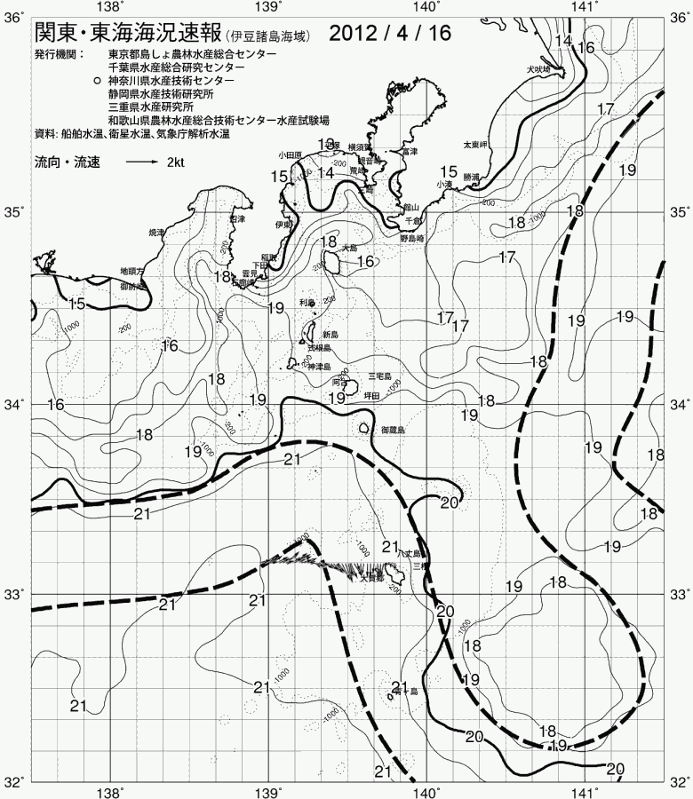 海況図, 関東・東海海況速報/伊豆諸島海域 検索結果, (黒潮, 水温分布, 冷水域, 暖水波及 等を図示)