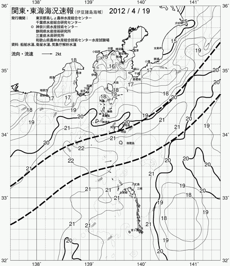 海況図, 関東・東海海況速報/伊豆諸島海域 検索結果, (黒潮, 水温分布, 冷水域, 暖水波及 等を図示)