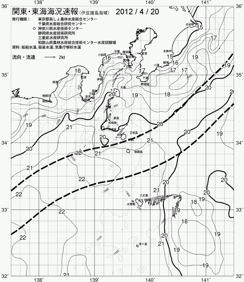 海況図, 関東・東海海況速報/伊豆諸島海域 検索結果, (黒潮, 水温分布, 冷水域, 暖水波及 等を図示)