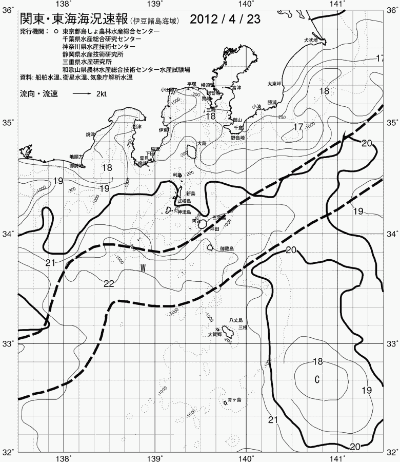 海況図, 関東・東海海況速報/伊豆諸島海域 検索結果, (黒潮, 水温分布, 冷水域, 暖水波及 等を図示)