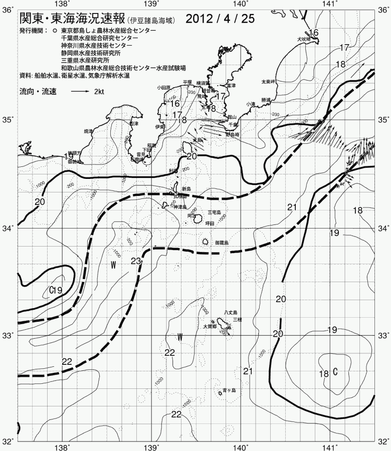 海況図, 関東・東海海況速報/伊豆諸島海域 検索結果, (黒潮, 水温分布, 冷水域, 暖水波及 等を図示)