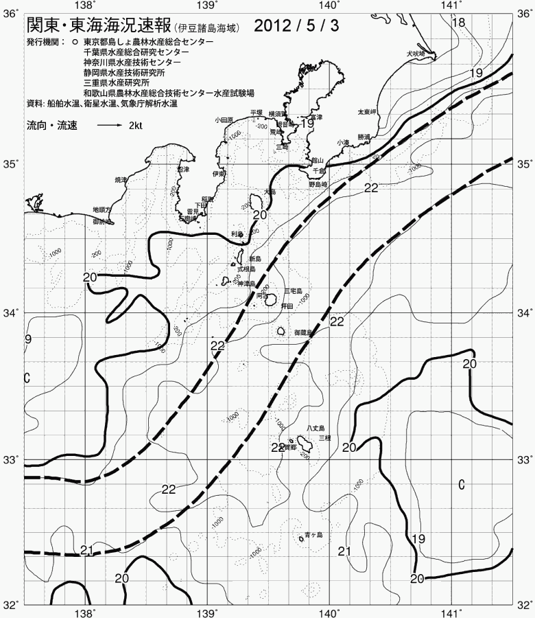 海況図, 関東・東海海況速報/伊豆諸島海域 検索結果, (黒潮, 水温分布, 冷水域, 暖水波及 等を図示)