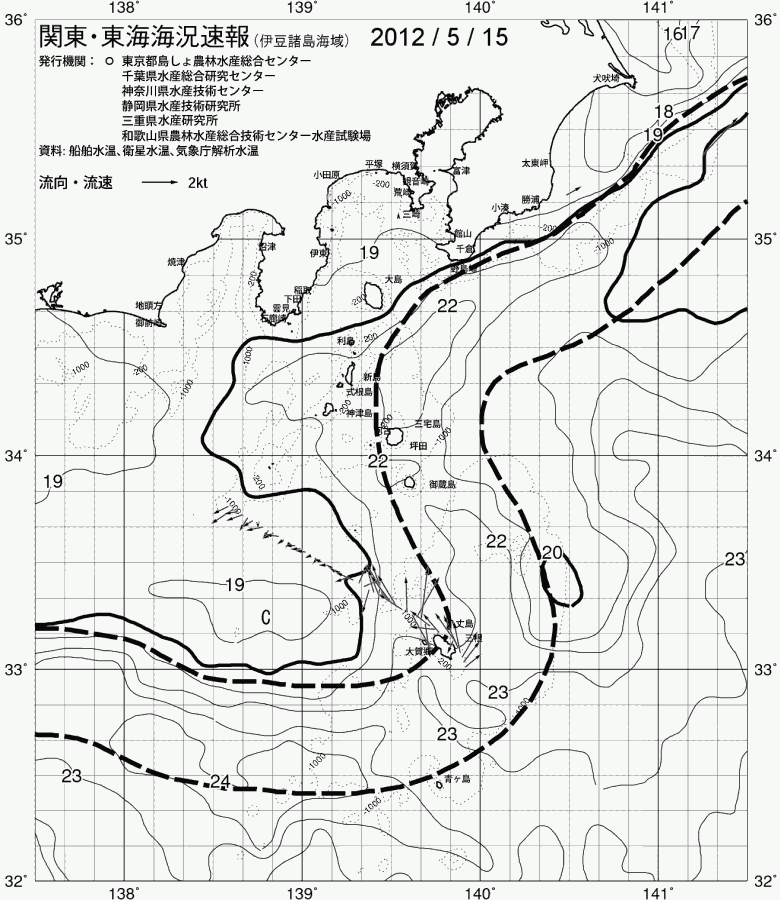 海況図, 関東・東海海況速報/伊豆諸島海域 検索結果, (黒潮, 水温分布, 冷水域, 暖水波及 等を図示)