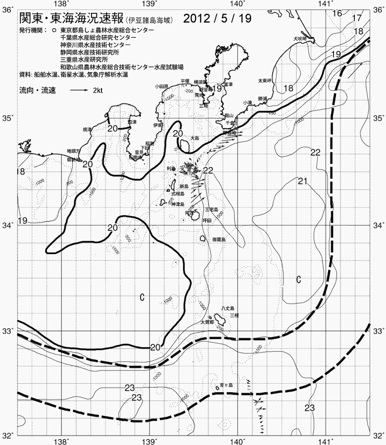海況図, 関東・東海海況速報/伊豆諸島海域 検索結果, (黒潮, 水温分布, 冷水域, 暖水波及 等を図示)