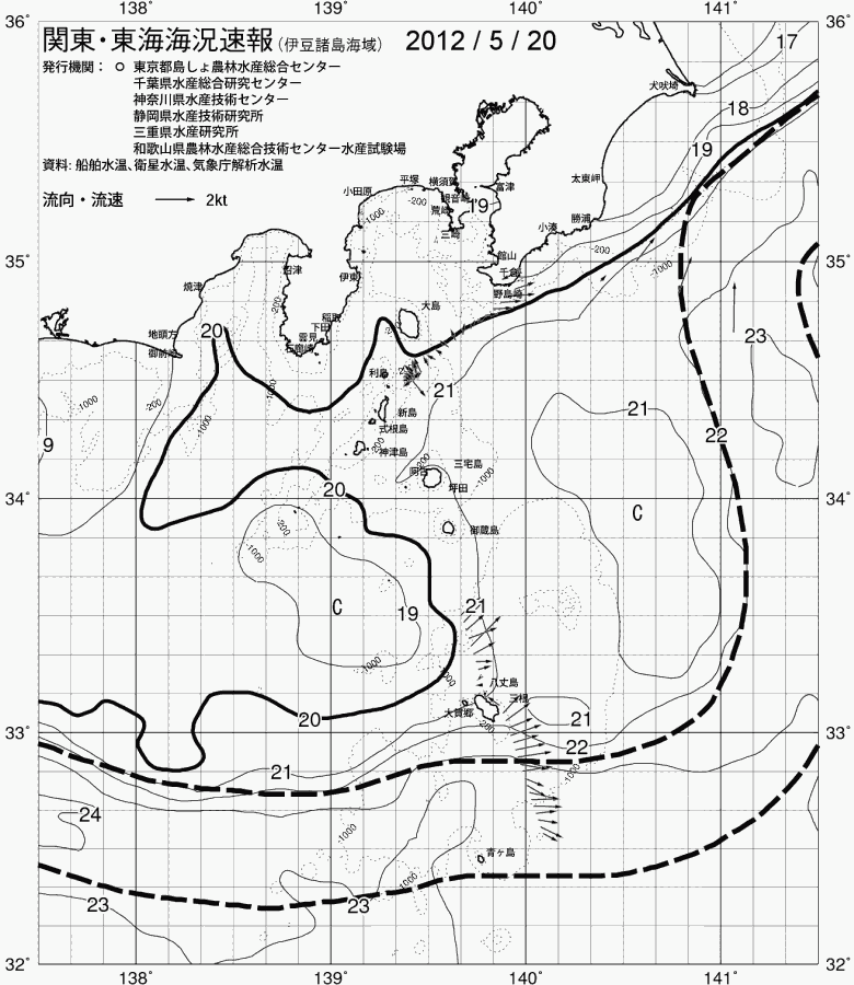 海況図, 関東・東海海況速報/伊豆諸島海域 検索結果, (黒潮, 水温分布, 冷水域, 暖水波及 等を図示)