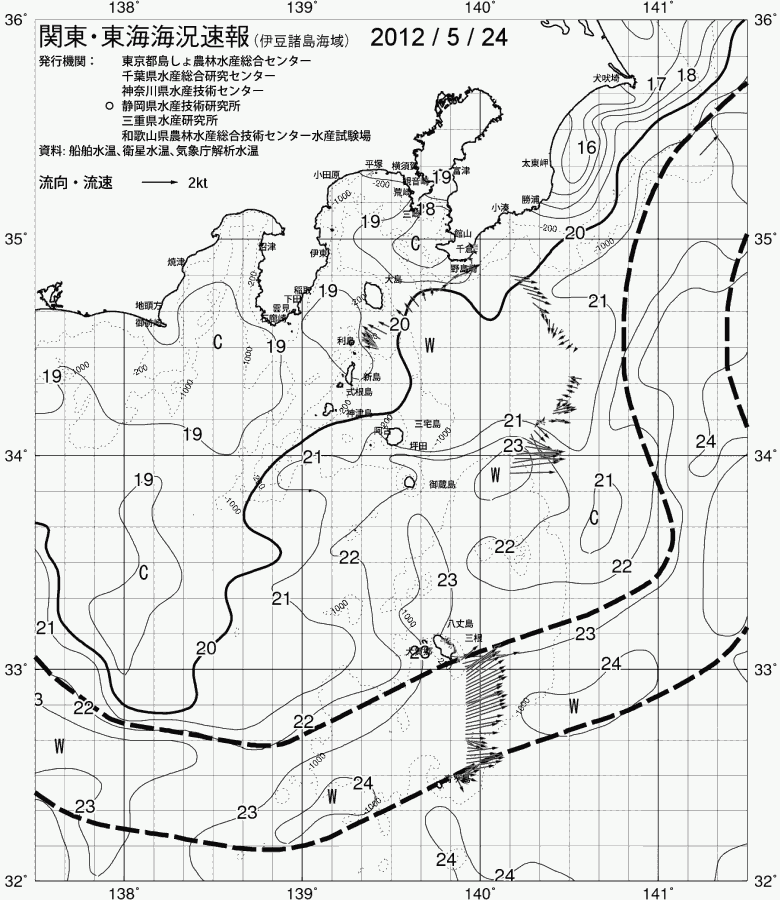 海況図, 関東・東海海況速報/伊豆諸島海域 検索結果, (黒潮, 水温分布, 冷水域, 暖水波及 等を図示)
