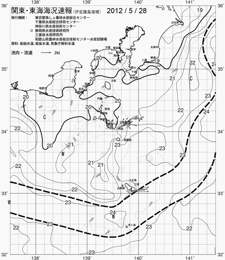 海況図, 関東・東海海況速報/伊豆諸島海域 検索結果, (黒潮, 水温分布, 冷水域, 暖水波及 等を図示)